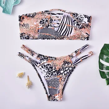

Hollow Out Swimwear Women Snake Print Bikini Tanga Strapless Padded Bandeau Brazilian Bikini Swimsuit Sexy Bikini String