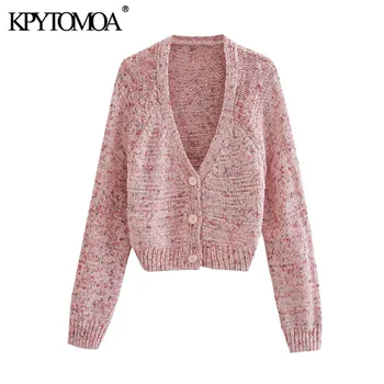 

KPYTOMOA Women 2020 Fashion With Buttons Cropped Knitted Cardigan Sweater Vintage V Neck Long Sleeve Female Outerwear Chic Tops