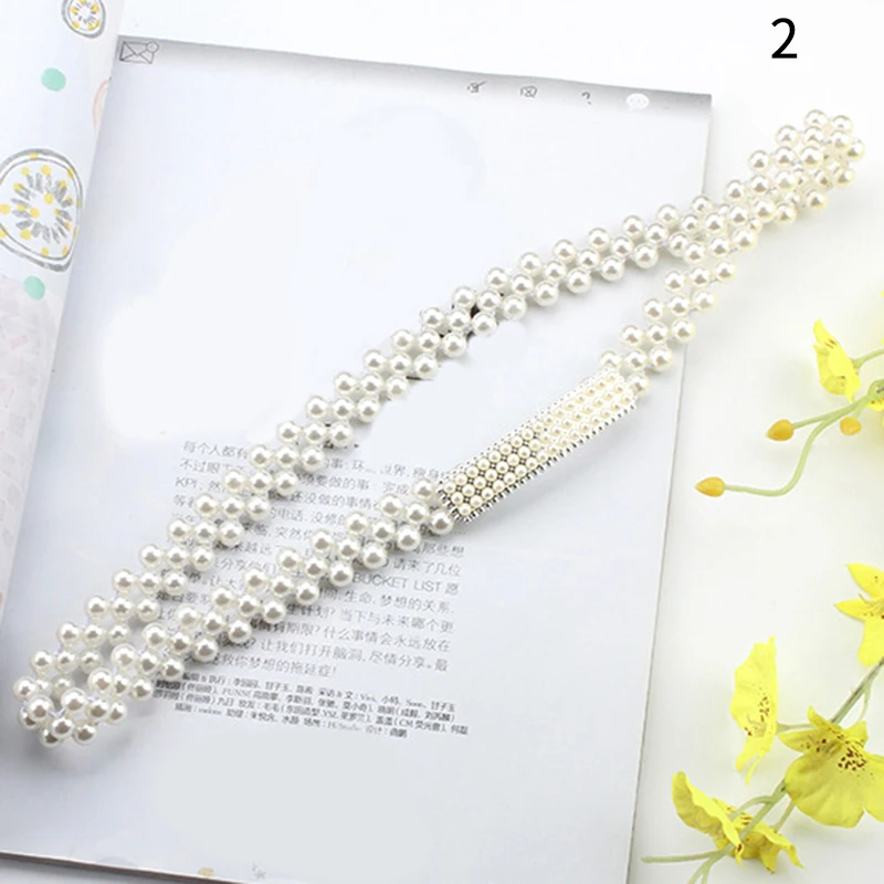 

Elegant Pearls Waist Belts Beaded Rhinestone Thin Chain Belt DIY Women Elastic Buckle Dress Waistband White Pink Bow Heart Belts