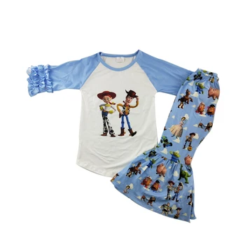 

bell pant girls outfits with cartoon pattern blue color set ruffle kids clothing