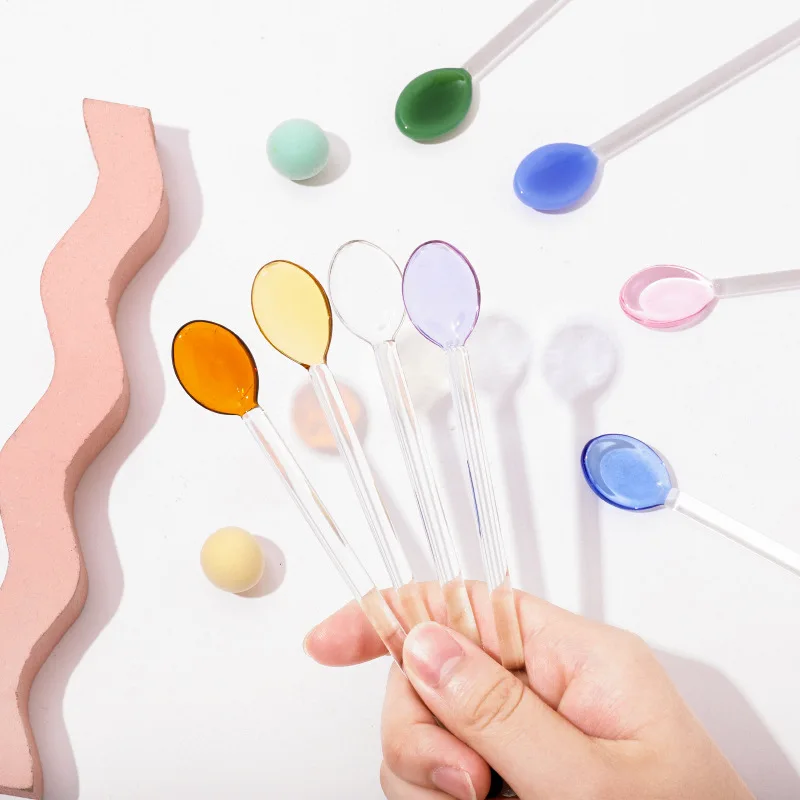 Household Coffee Spoon Long HandleJuice Adding  Glass Spoon  Heart Colorful Glass Stirring Rod