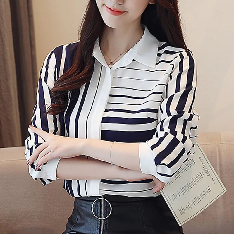 Женские тонкие рубашки в полоску, Осенние новые корейские женские рубашки с длинными рукавами, шифоновые блузки с отложным воротником 6108 50