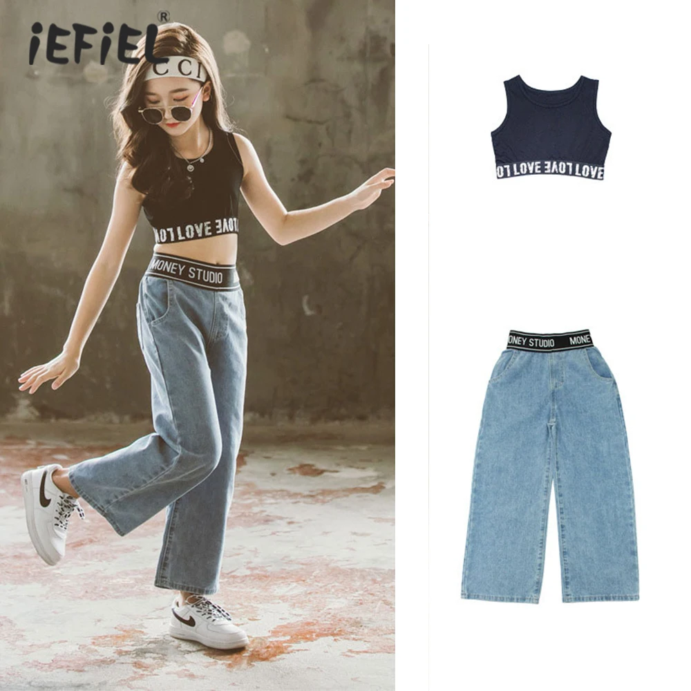 

2021 New Summer Girls Clothing Sets Casual Black Vest Top Jeans Pants 2Pcs Kids Child Clothes Suits Teenage Fashion Streewear