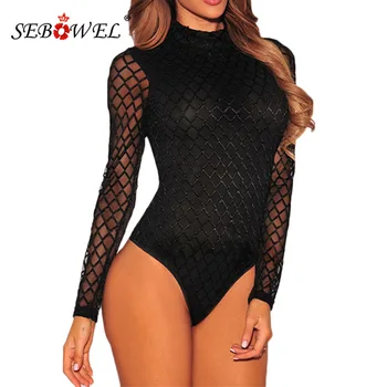 

SEBOWEL Fashion Long Lace Sleeve High-neck Woman's Bodysuit Black Plus Size New 2020 Spring Female Turtleneck Overalls Body Tops