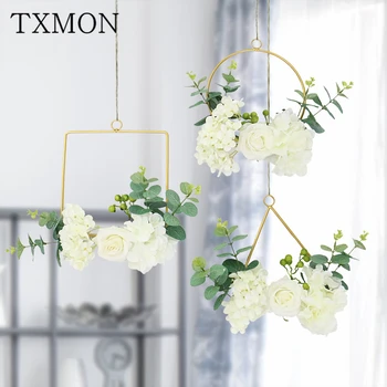 

Custom made Simulation rose hydrangea wreath creative wall decoration ins iron wreath hemp rope decoration home silk fake flower
