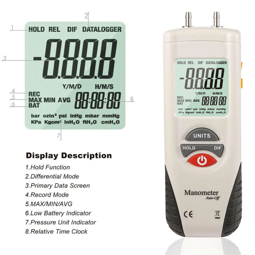 

Digital Manometer Gas Analyzer Combustible gas detector port HVAC gas Leak Location Determine meter Tester HT-1890