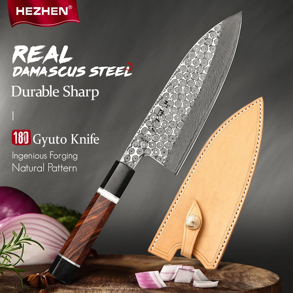 HEZHEN Ретро серии Gyuto нож сырая рыба Профессиональный 110 слоев Дамасская сеточная