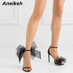 Aneikeh 2024 Elegant Silk Pointed Open Toe High Heels Women's Mesh Butterfly knit Cover Heel Buckle Strap Sandals Party Dress
