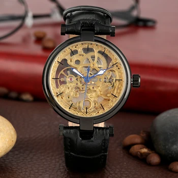 

Luxury Round Case Automatic-self-winding Mechanical Watches Exquisite Hollow-out Mechanic Watches for Male Black Genuine Leather