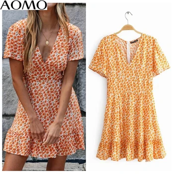 

AOMO fashion women floral print beach cotton dress v neck short sleeve 2020 summer females mini dresses vestidos JA19A