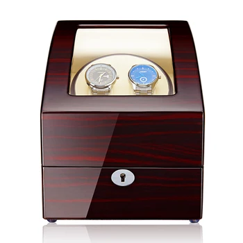 

JQUEEN Ebony Baking Finish Automatic Double Watch Winder with 3 Storage 10 Modes Box Case White PU Leather Interior With Key