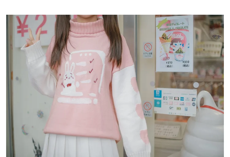 Mori Girl для женщин розовый вязаный свитер Зима Kawaii Кролик Сердце водолазка Pull Femme джемпер студент японский милый пуловер
