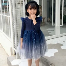 Детское элегантное платье для девочек, костюмы звезды блестки, Детские повседневные платья для детей, праздничное платье-пачка с длинными рукавами для девочек, LZ345