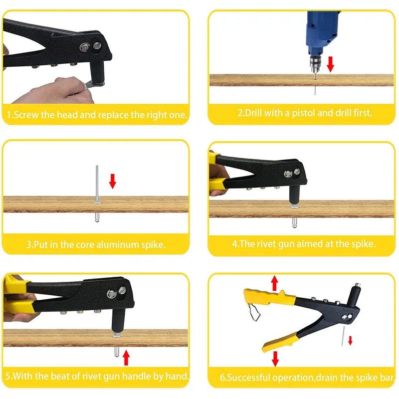 Rivet Gun Kit with 150 Pcs Rivets,Hand Riveter Set, 4 Sizes of Rivet Heads Attached, Hand Rivet Gun Tool for Metal, Wood