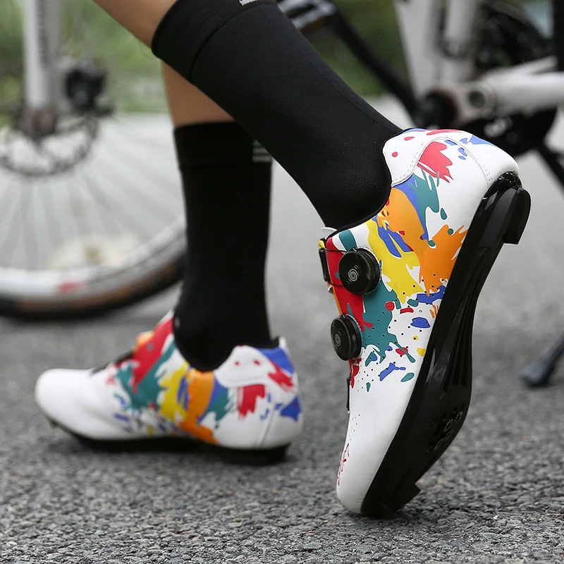 Cycling Shoes Double Buckle Graffiti Racing Bicycle Cleat Professional Self-Locking MTB Bike SPD