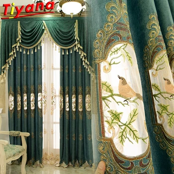 

Light Blue Thick Chenille Semi-Blackout Curtains for Hotel Chinese Classical Luxury Bird Embroidery Curtains for Living Room #VT