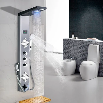 

LED Shower Panel Faucet Shower Column Digital Temperature Display Body Massage System Mixer Tap Waterfall Bathroom Faucet