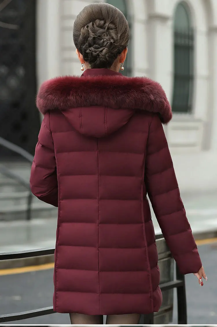 White Duck down WOMEN'S down Jacket Mom New Style Middle-aged down Jacket Women's Mid-length Fox Fur Collar Coat