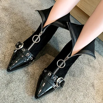 

Belt Buckle Front Zipper Women's Ankle Boots Genuine Leather Ladies ShortBoots Handmade Pointed Toe Stretch Boots Woman
