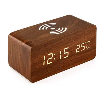 

Alarm Clock With For Qi Wireless Charging Pad Compatible With For Iphone Samsung Wood Led Digital Clock Sound Control Function,