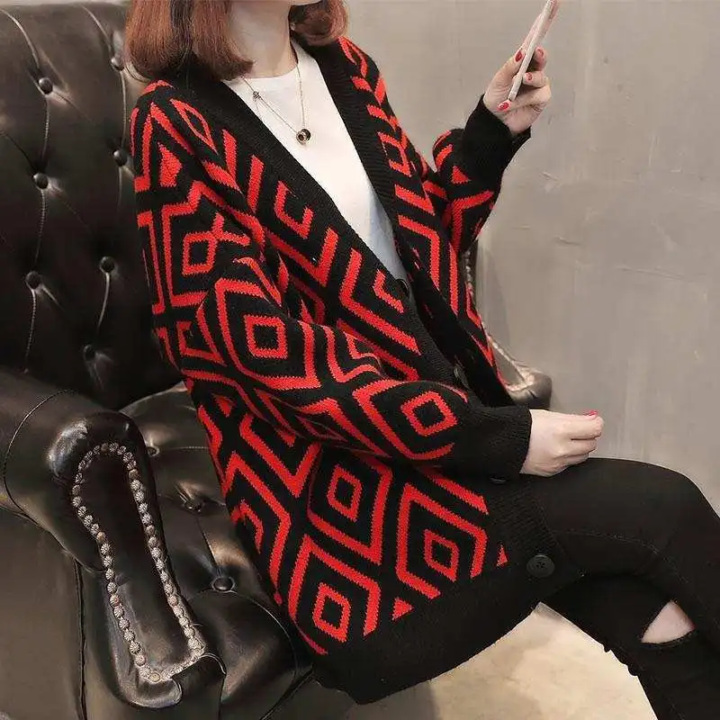 Vintage Korean Open Stitch Loose Cardigan Women Oversized Sweaters Jacket Autumn Fashion Geometric V-Neck Knit Cardigan