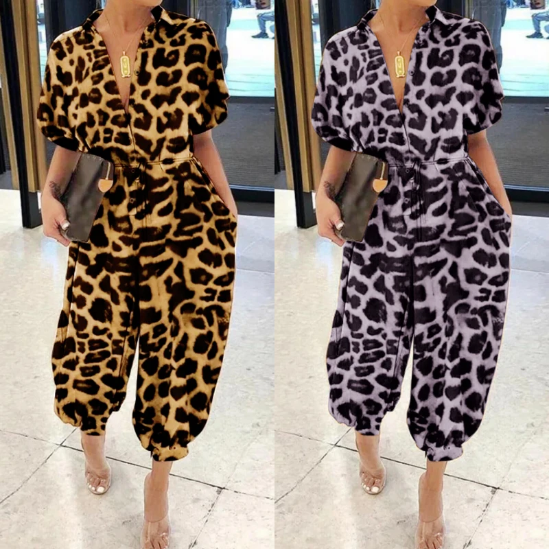 

Leopard Print Short Sleeve Jumpsuit Women Sexy Turn-Down Collar Bandage Loose Rompers Overllas New Female Summer Jumpsuits