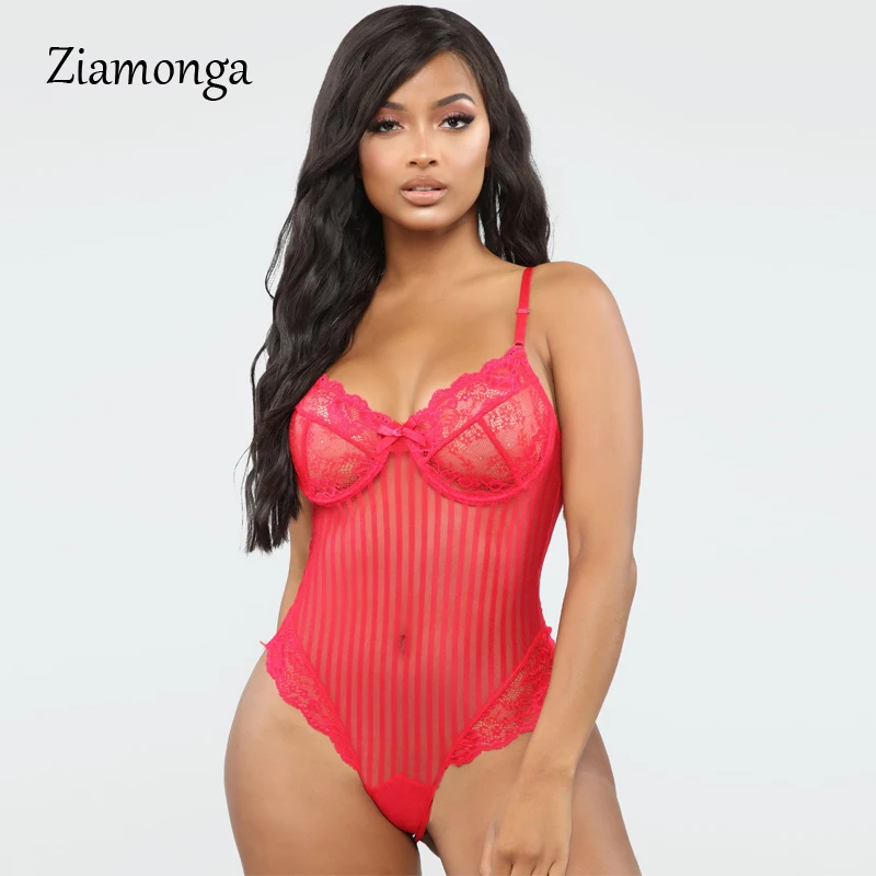Ziamonga Strappy Striped Lace Bodysuit Sexy Backless Jumpsuit Female Body Mujer Mesh Sheer lace Teddy Push up Bodysuits
