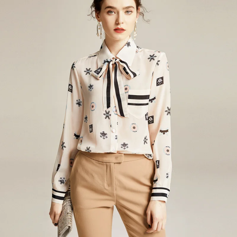

Elegant Print Silk Blouses Spring Long Sleeve Loose Shirts Women Clothes Bow Collar Sweet Apricot Office Ladies Tops blusas Chic