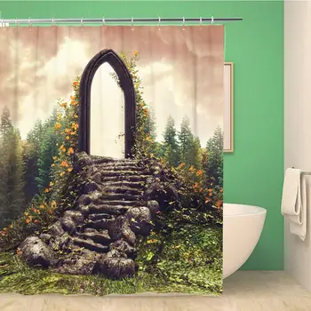 

Bathroom Shower Curtain Colorful Fantasy Door and Stairs on Flowering Meadow Near 60x72 inches Waterproof Bath Curtain Set with