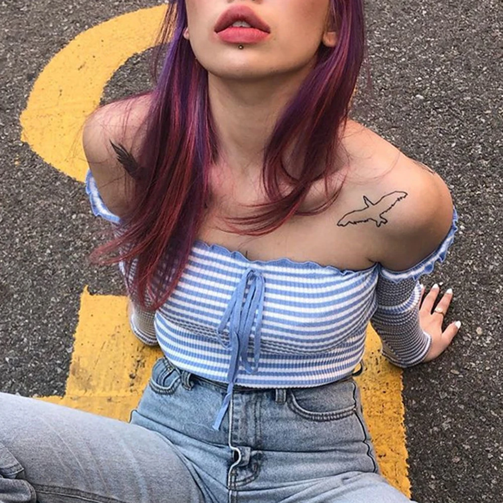 Woman Sexy Stripe Cropped T-Shirt Off Shoulder Long Sleeve Ribbed Crop Tops with Bowknot Fashion Blue and White Striped T-shirt | Женская