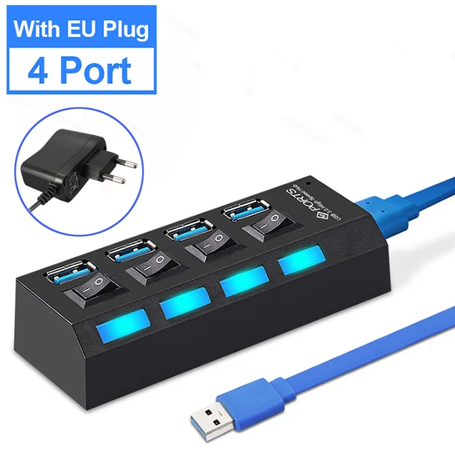 Usb-концентратор 3,0 4/7 порт Micro USB 3,0 концентратор разветвитель с адаптером питания мульти USB C Hab высокоскоростной 5 Гбит/с Тип C 3 переключатель концентратора для ПК - Цвет: 4 Port Black With EU