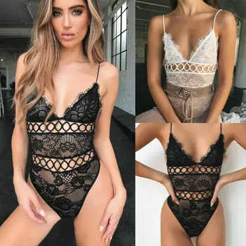

Women Lace Bodysuit Lingerie Sleeveless V Neck Stretch Leotard Jumpsuit Top Vest