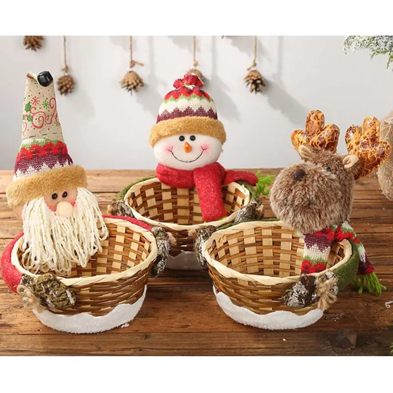 

Christmas Candy Storage Holder Box Xmas Decoration Table Ornament Santa Claus Snowman Elk Rattan Basket Fruit Dessert Bowl Gift