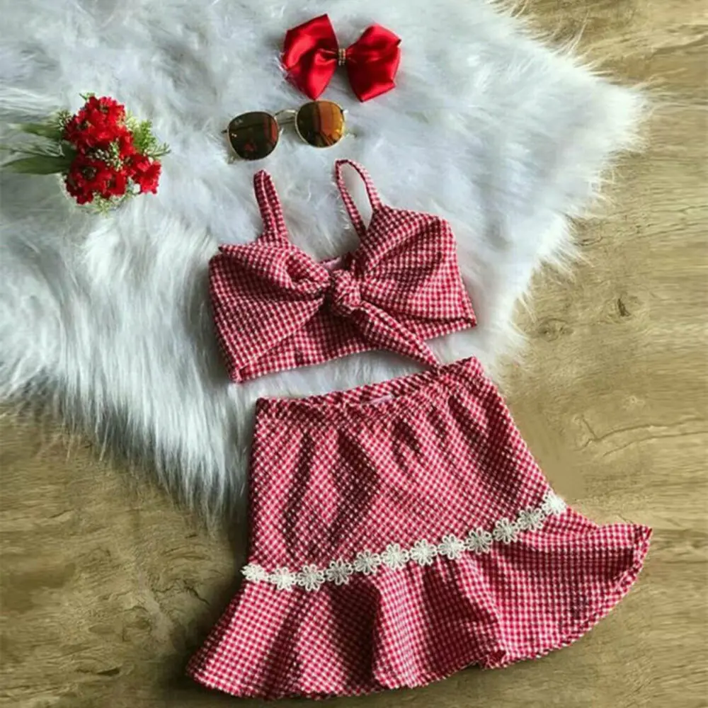 

Infant Baby Girl Kids Sling Lattice Tube Top Ruffles Dress Skirt Clothes Sets