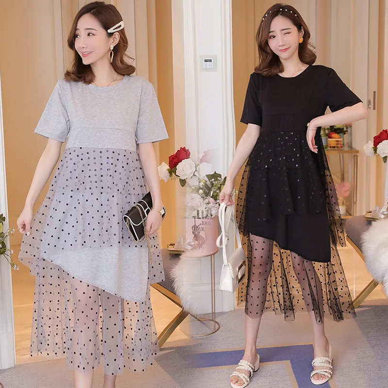

Pregnant WOMAN'S Nursing Clothing Nursing Fashion Mom Loose And Plus-sized Polka Dot Mesh Dress