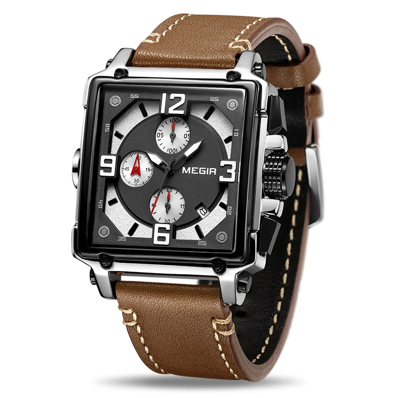 Silver Black MEGIR уникальные мужские часы 2019топ бренд класса люкс Хронограф Кварцевые часы мужские кожаные спортивные армейские военные черные мужские наручные часы - Цвет: Silver Black