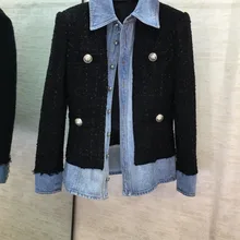 Осенняя Женская модная Новая Черная тканая джинсовая куртка с отворотом 0928