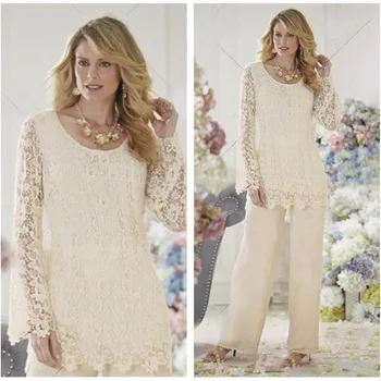 

2 Pieces Mother of the Bride Groom Dresses 2019 Suits Pants Long Sleeves Champagne Chiffon Lace Wedding Party Gowns for Women