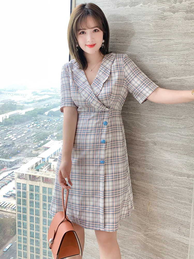High quality Wave edge cross lap Lapel high waist lace up Plaid Dress