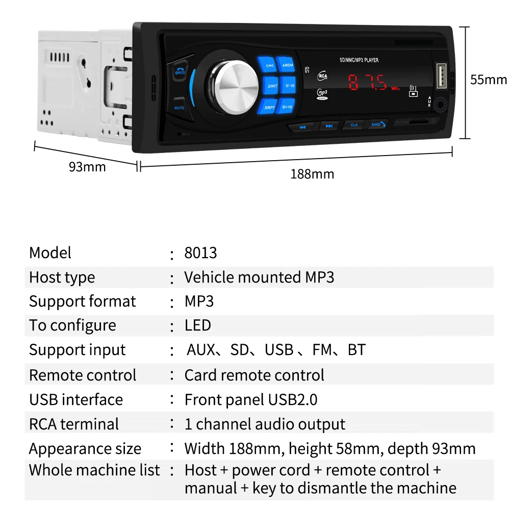 DC 12V автомобильный стерео MP3-плеер 8013 Hands-free автомобильный стерео MP3-плеер в тире головное устройство Bt USB AUX FM радио приемник