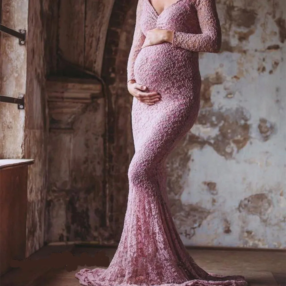 Purple Pink Платье для беременных с открытыми плечами для беременных, кружевное длинное платье для кормящих, для фотосессии - Цвет: Purple Pink