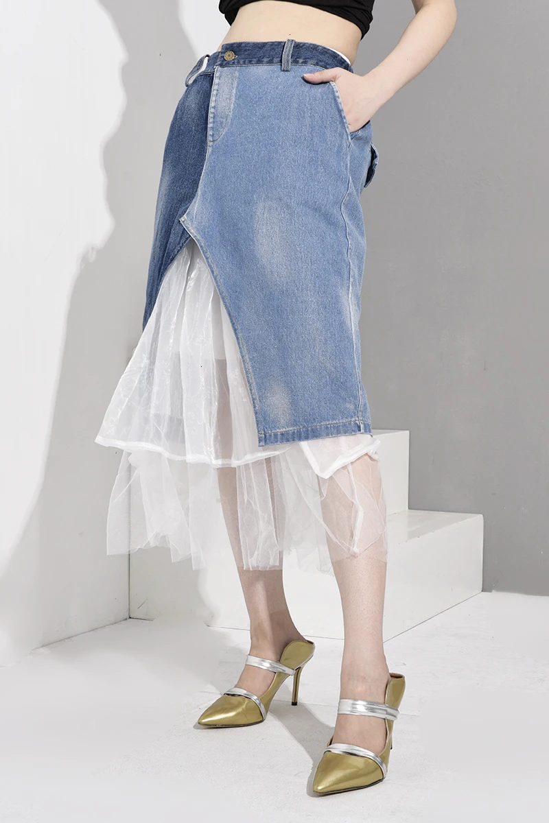 [EAM] синяя джинсовая Асимметричная юбка средней длины из органзы с высокой талией, женская мода, новая весенняя Осенняя коллекция, 1A085