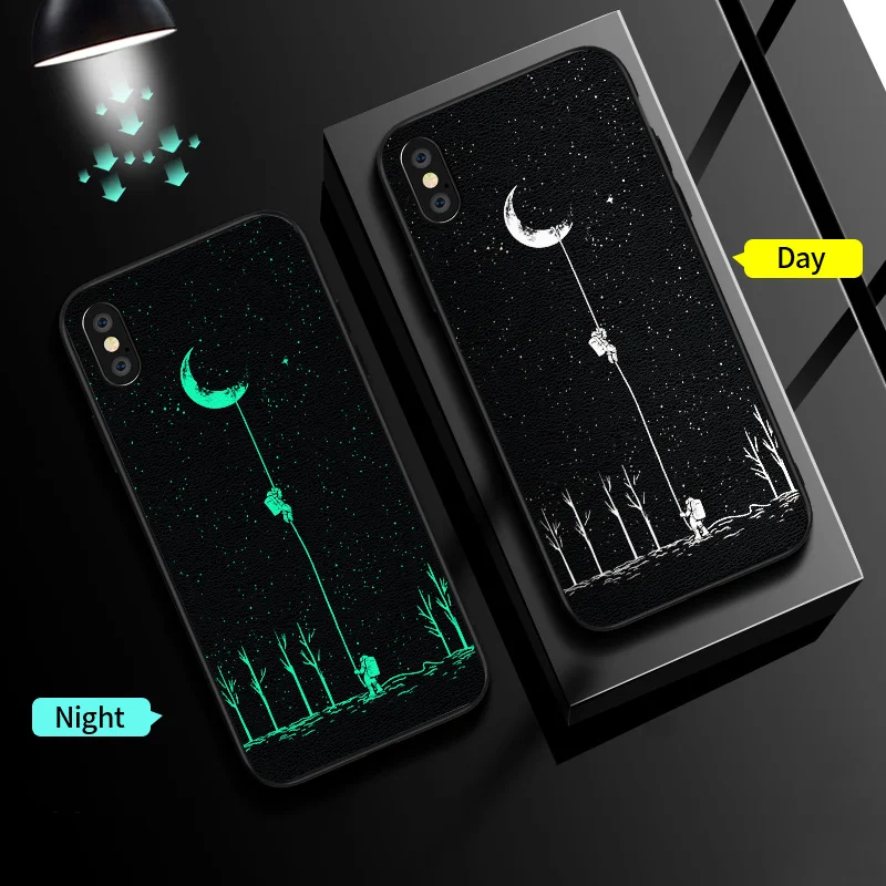 Moon Landing IIOZO светящийся кожаный чехол для телефона для Iphone 7 8 6 XS MAX 11 pro мягкий силиконовый Nghit светящийся чехол для Iphone 7 8 6 Plus классный - Цвет: Moon Landing
