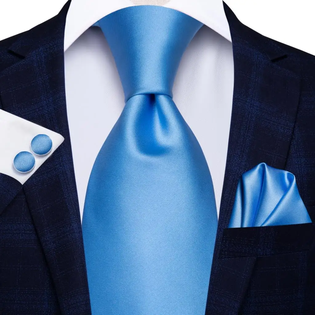 

Sky Blue Solid Silk Wedding Tie For Men Handky Cufflink Gift Men Necktie Fashion Designer Business Party Dropshiping Hi-Tie