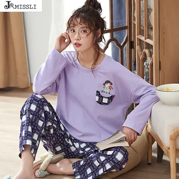 

JRMISSLI Women Pajamas Sets Spring New Women Pyjamas Cotton Clothing Plaid Long Tops Set Female Pyjamas Sets NightSuit Sleep