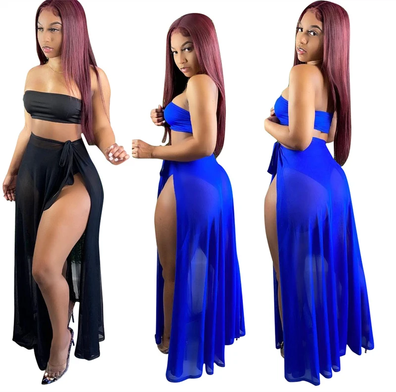 

Women 3pcs Drss Set Summer Strapless Off The Shoulder Crop Top+Underpant And Bandage Split See Through Beach Dress S-XL