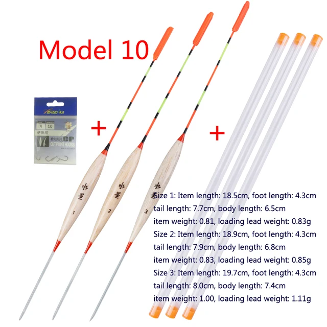 3pcs/lot Shallow Water Fishing Floats Balsa Bobber+3pcs float tubes+1 Bag Fishing hooks Fresh Water Buoy Fishing Tackles Tools Model 10