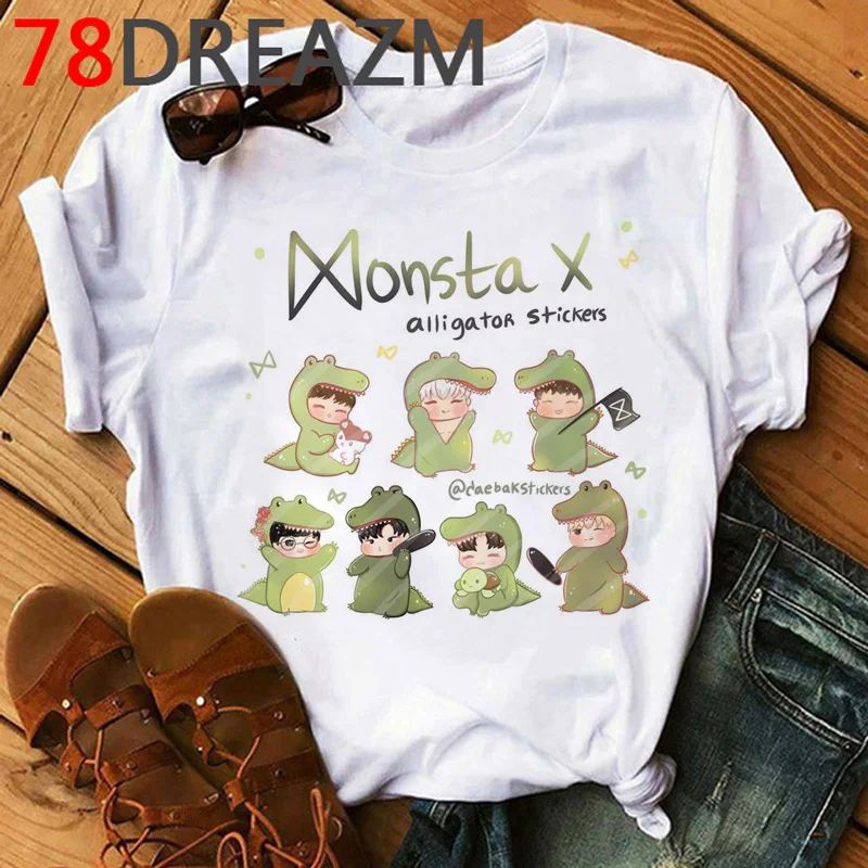 Kpop Monsta X Топы футболка Женская Корейская одежда Новинка летний топ размера плюс