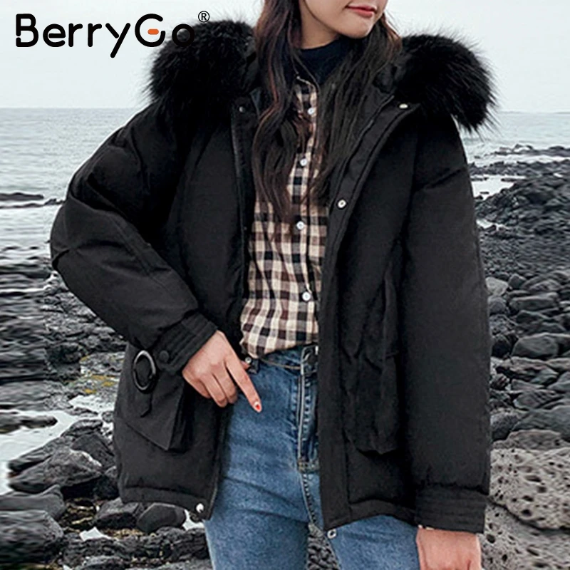 BerryGo, большие пуговицы, карманы, шнуровка, Женская парка, Осень-зима, на молнии, с капюшоном, теплое пальто, модная верхняя одежда, женские куртки