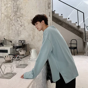 

2019 Autumn New Korean Trend Couple Solid Color Round Neck Men's Bottom Loose Long-sleeved Casual T-shirt